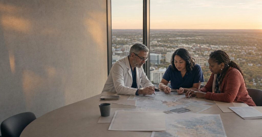 Clinical and community leaders review regional healthcare planning maps beside a window overlooking the communities they serve.
