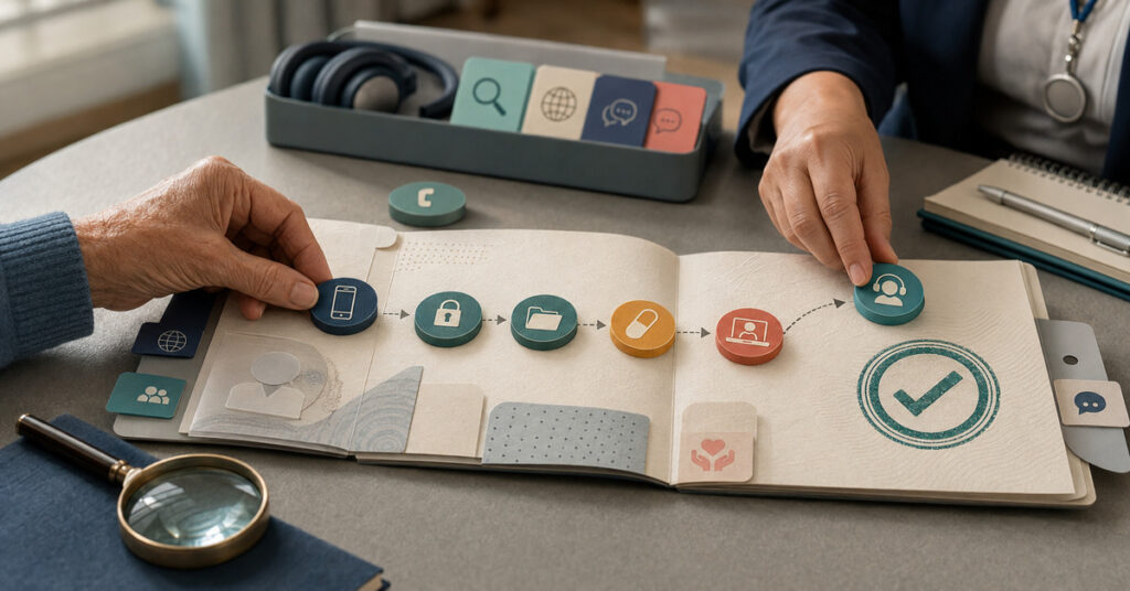 A patient and clinician move icon tokens through an open paper task passport from phone access to supported care completion.