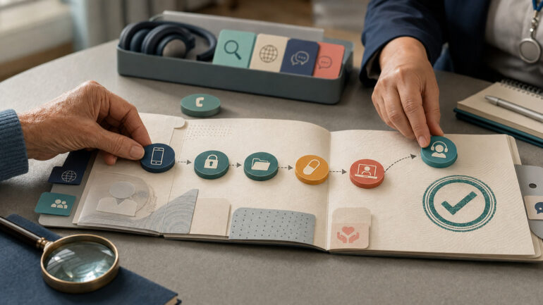 A patient and clinician move icon tokens through an open paper task passport from phone access to supported care completion.