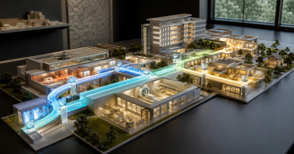 A physical healthcare campus model connected by an illuminated digital value spine across emergency, imaging, inpatient, outpatient, and home care