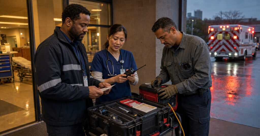 A hospital emergency manager, charge nurse, and facilities engineer test radios, tracking tags, and backup equipment during a rainy ambulance-bay drill.