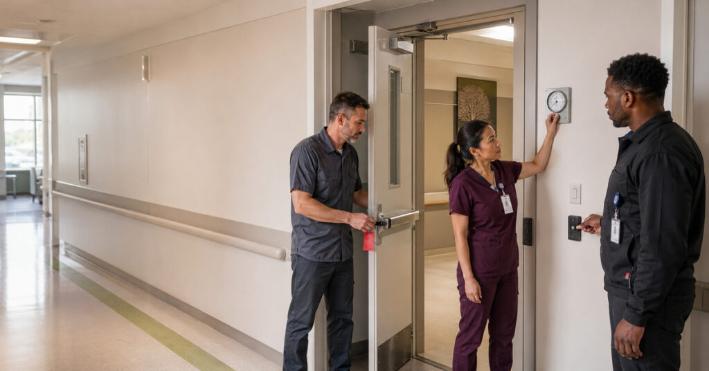 A facilities engineer, infection-prevention nurse, and security supervisor verify door, air-pressure, and access controls before a hospital unit opens.