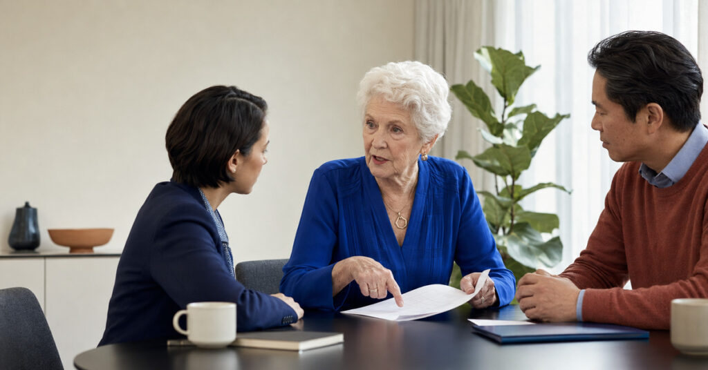 An older woman leads a care-planning conversation while a clinician and family member listen.