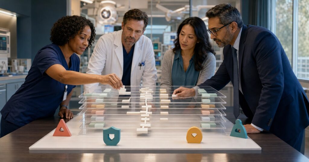 A nurse leader, physician, supply-chain specialist, and finance analyst align a layered cost-to-care model while preserving quality, safety, access, and workforce guardrails.