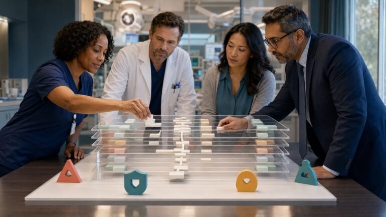A nurse leader, physician, supply-chain specialist, and finance analyst align a layered cost-to-care model while preserving quality, safety, access, and workforce guardrails.