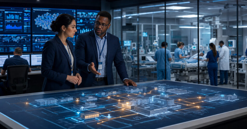 Healthcare operations and cybersecurity leaders map clinical systems and recovery paths beside active patient care