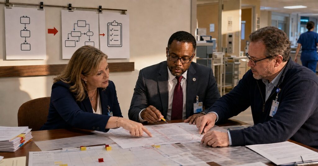 A nurse executive, compliance counsel, and operations leader trace policy changes through a hospital implementation plan.