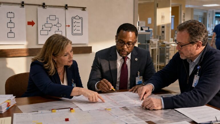 A nurse executive, compliance counsel, and operations leader trace policy changes through a hospital implementation plan.