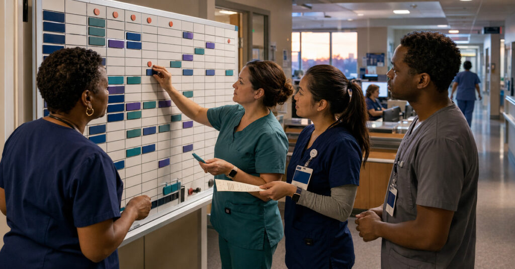 A nurse manager and three clinicians move coverage markers on a physical staffing board during hospital shift change.