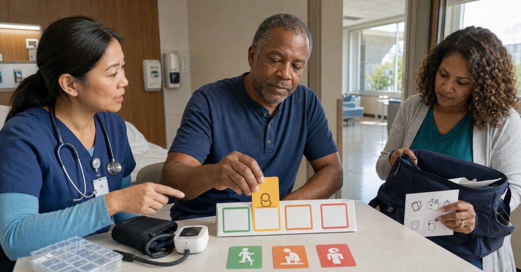 A patient practices a symptom-escalation step while a nurse observes and a caregiver checks home equipment before discharge.