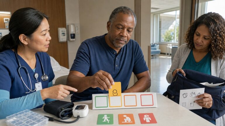 A patient practices a symptom-escalation step while a nurse observes and a caregiver checks home equipment before discharge.
