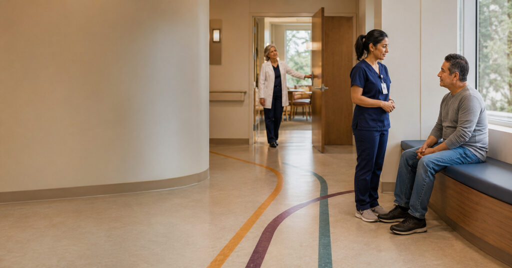 A nurse listens to a patient at a hospital corridor intersection while an open consultation room is visible nearby.