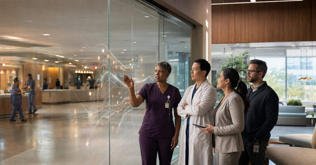 Healthcare leaders review a human-capacity signal map between a busy clinical corridor and a quiet staff recovery area