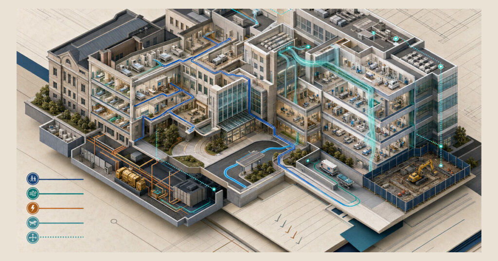 An isometric cutaway hospital campus maps live-care routes, utilities, digital systems, and construction zones during a phased modernization changeover.