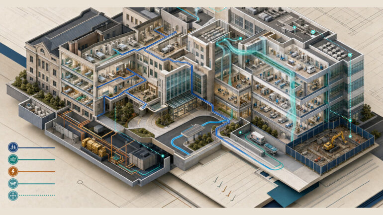 An isometric cutaway hospital campus maps live-care routes, utilities, digital systems, and construction zones during a phased modernization changeover.