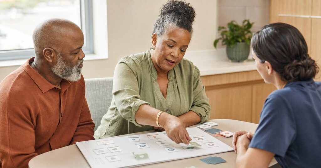 A patient places a preference card on a care-planning board while a support person and clinician listen during a hospital consultation.