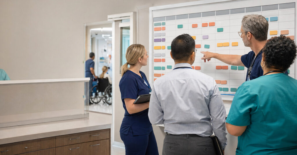 Hospital leaders coordinate patient flow and capacity around a visual operations board.