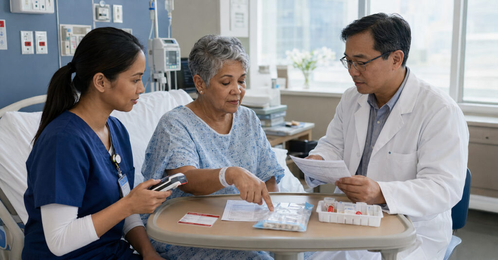 A patient points to a medication item while a nurse and clinical pharmacist pause to verify identity and the care plan at the bedside.