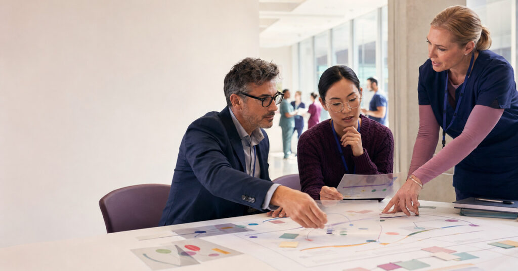 A clinician, nurse, and data scientist validate predictive evidence against a patient-care pathway.