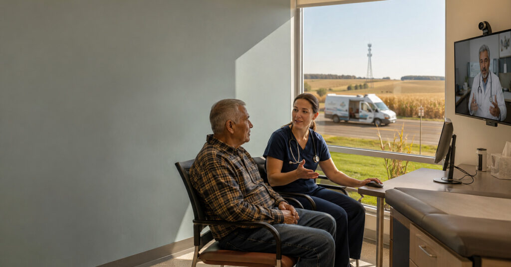 A rural patient and local nurse connect with a distant specialist in a community clinic overlooking farmland.