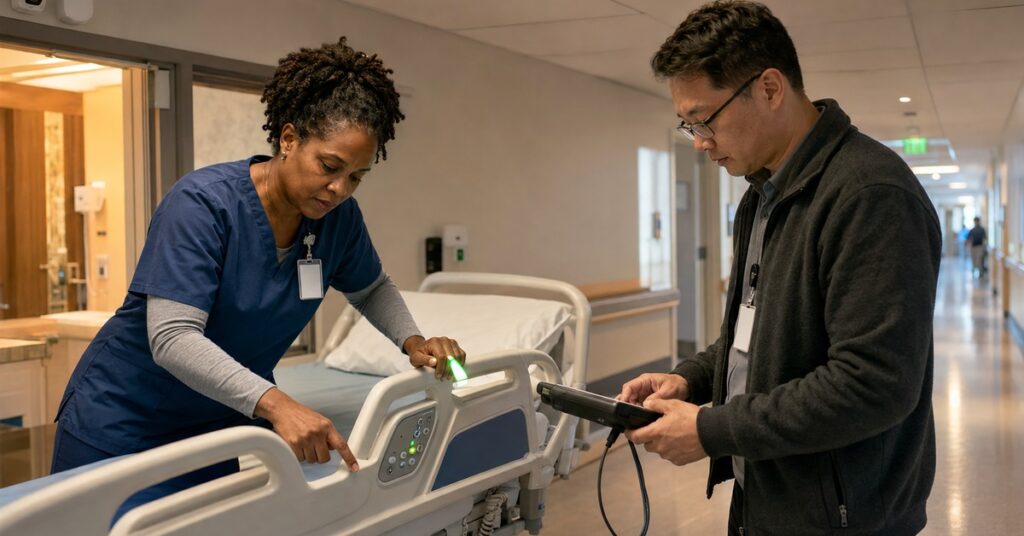 A nurse operates a connected hospital bed control while a clinical engineer verifies the signal with a diagnostic device in an active corridor.