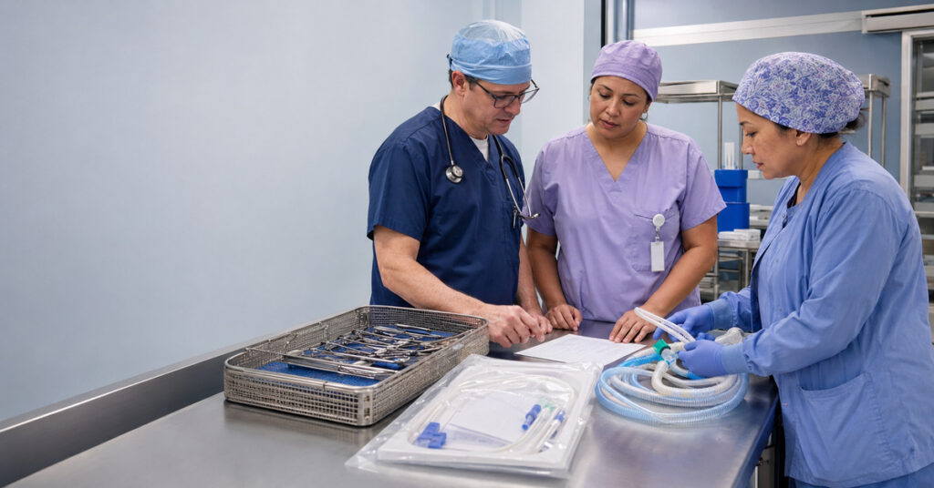 An operating-room nurse, anesthesiologist, and sterile-processing technician compare reusable and single-use supplies during a clinical resource review.