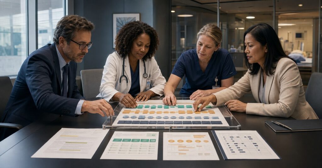 A physician leader, nurse executive, finance analyst, and patient-experience leader align contract terms, care evidence, outcomes, and economics under a verification frame.