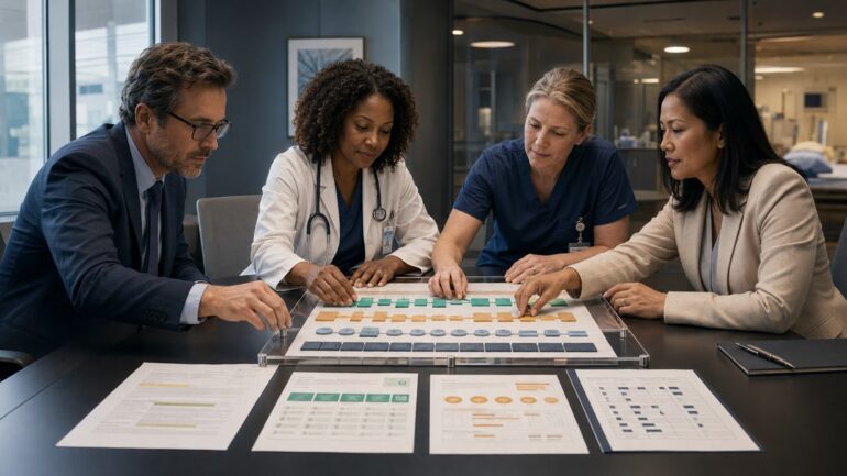 A physician leader, nurse executive, finance analyst, and patient-experience leader align contract terms, care evidence, outcomes, and economics under a verification frame.