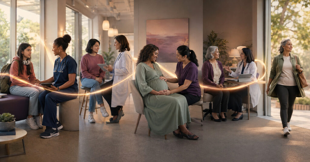 Women at different life stages receive coordinated care from adolescence through pregnancy, midlife, and healthy aging