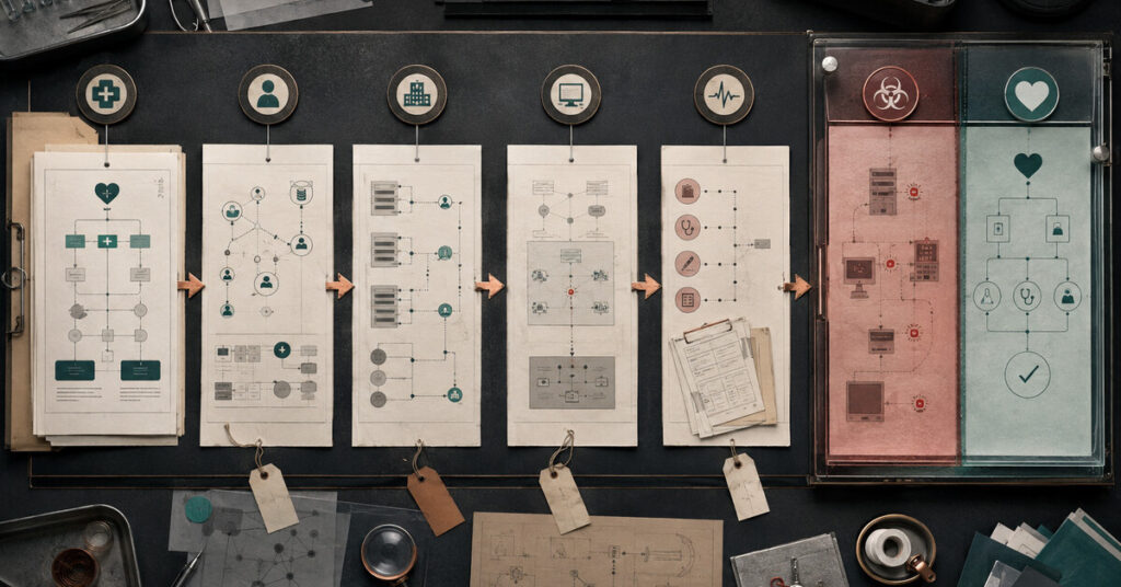An overhead clinical cybersecurity evidence table traces five proof loops from patient-service ownership through risk containment and safe recovery.