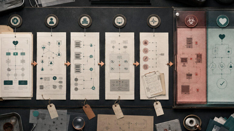 An overhead clinical cybersecurity evidence table traces five proof loops from patient-service ownership through risk containment and safe recovery.