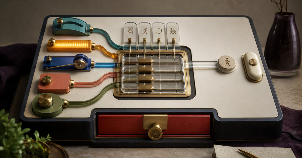 Five individualized pain-care inputs converge through a precision balancing console toward one functional goal, while a sealed rescue drawer remains available for reviewed escalation.