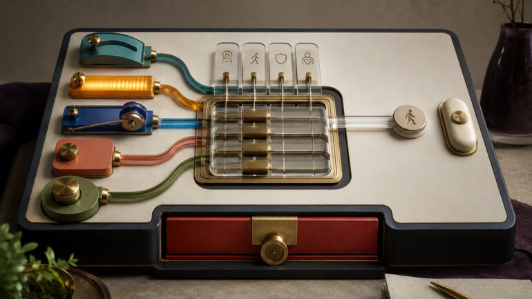 Five individualized pain-care inputs converge through a precision balancing console toward one functional goal, while a sealed rescue drawer remains available for reviewed escalation.