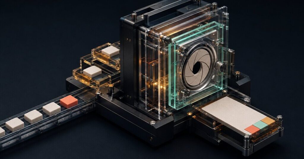 A precision airlock holds raw variant tiles behind evidence and consent gates while one verified care-plan card exits.