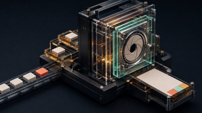 A precision airlock holds raw variant tiles behind evidence and consent gates while one verified care-plan card exits.