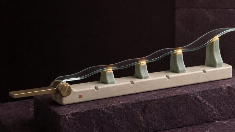 A precision lever raises adjustable cradles beneath a delicate translucent ribbon, symbolizing technology that adds only the support an older adult needs.