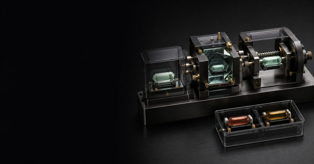 A museum-grade calibration bench passes energy, water, material, waste, and resilience samples through a transparent verification chamber before one green signal is earned.