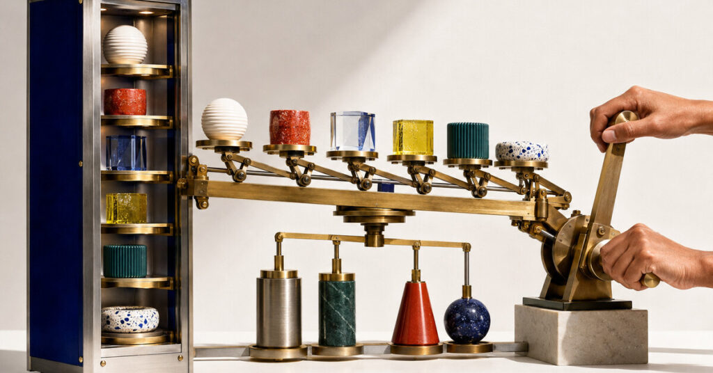 A brass agency-transfer machine balances six patient capability tokens against four burden and safety counterweights as two hands operate the release lever.