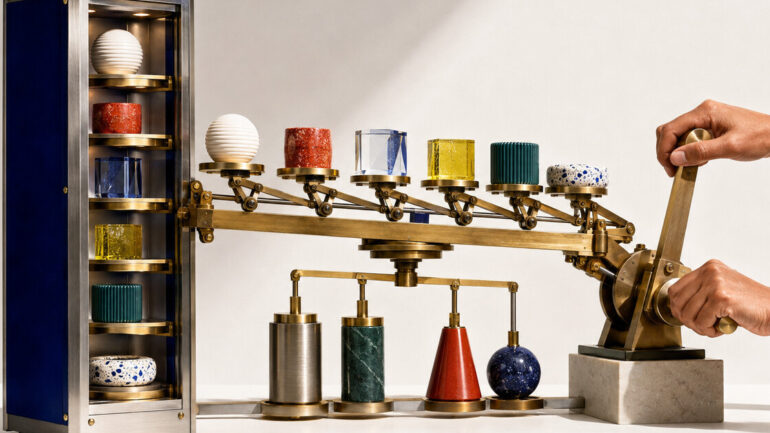 A brass agency-transfer machine balances six patient capability tokens against four burden and safety counterweights as two hands operate the release lever.