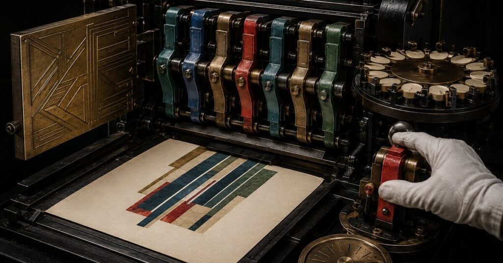 A gloved operator holds the red pause lever of a black-and-brass promise press with seven colored interlocks, appointment tokens, and an expiration wheel.