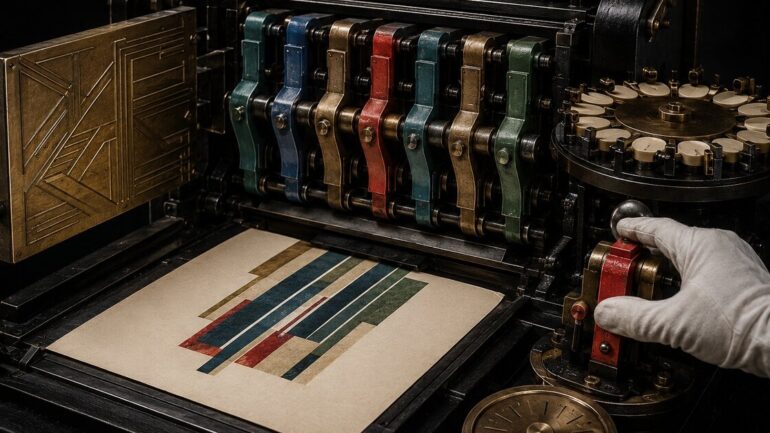 A gloved operator holds the red pause lever of a black-and-brass promise press with seven colored interlocks, appointment tokens, and an expiration wheel.
