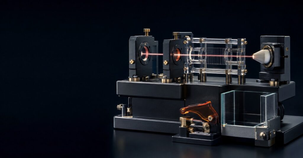 A calibrated transparent chamber guides a narrow energy path through precision apertures toward a ceramic target, with an amber rescue latch held ready.