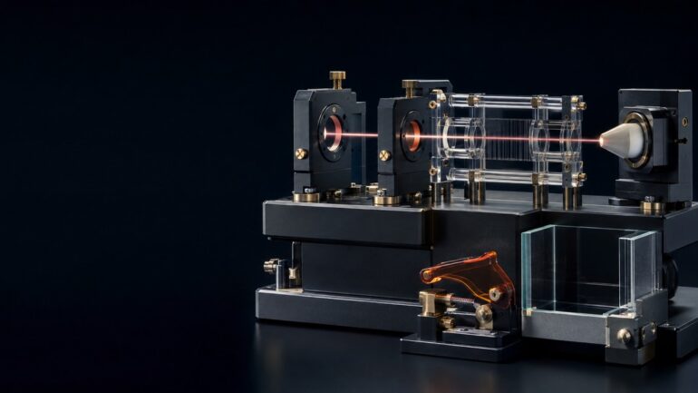 A calibrated transparent chamber guides a narrow energy path through precision apertures toward a ceramic target, with an amber rescue latch held ready.