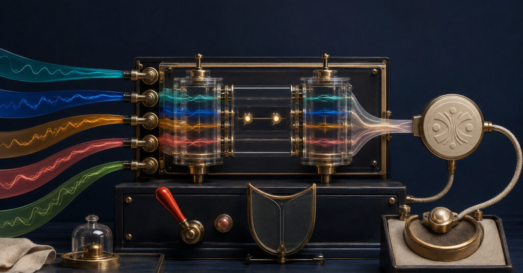 Five abstract language waveforms pass through a transparent meaning-verification relay and return through a protected teach-back loop.