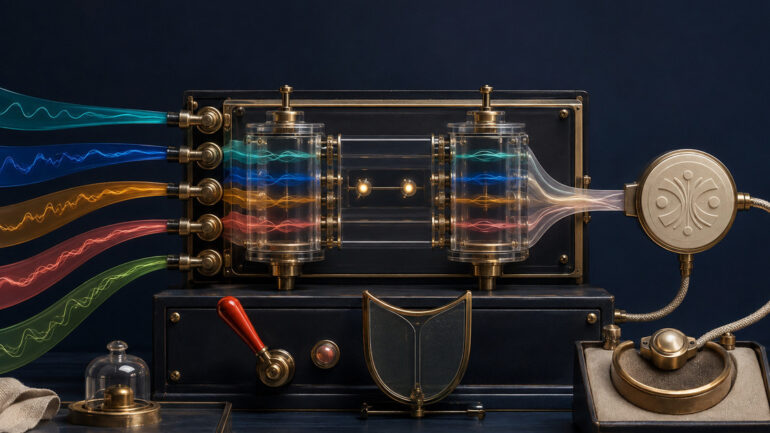 Five abstract language waveforms pass through a transparent meaning-verification relay and return through a protected teach-back loop.