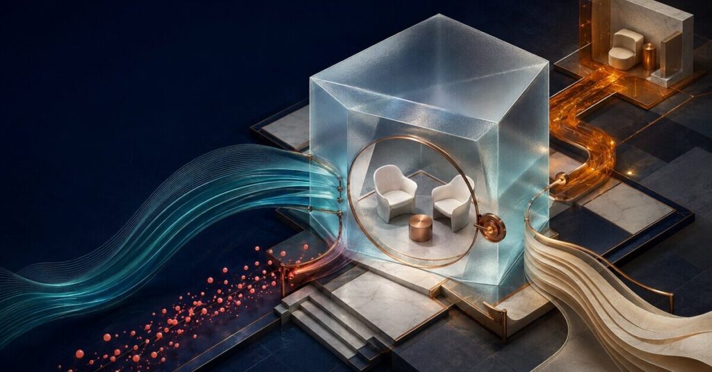 A quiet glass prism encloses two chairs while separate light channels carry private disclosure, care coordination, and patient communication.