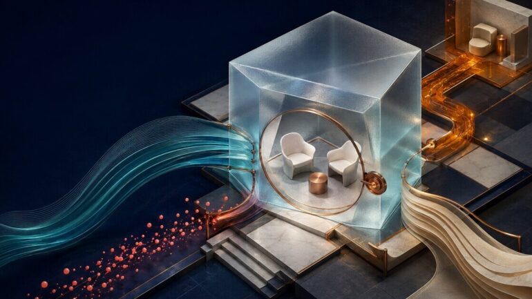 A quiet glass prism encloses two chairs while separate light channels carry private disclosure, care coordination, and patient communication.