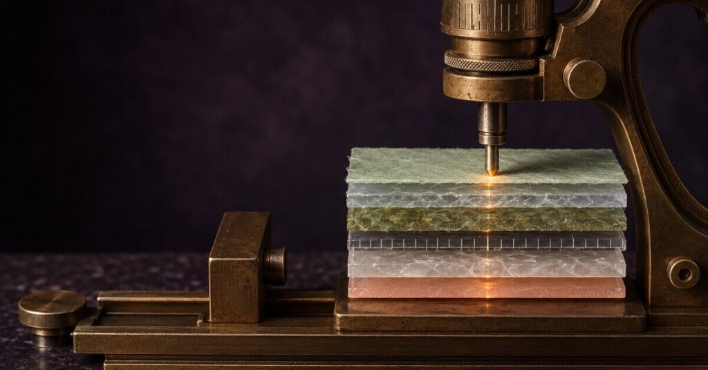 A brass micrometer calibrates a layered nutrition sample against a ruled measurement bench before the value can guide care.