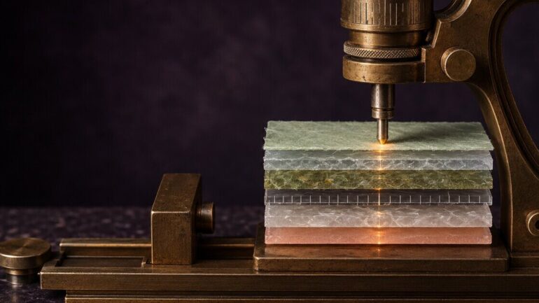 A brass micrometer calibrates a layered nutrition sample against a ruled measurement bench before the value can guide care.