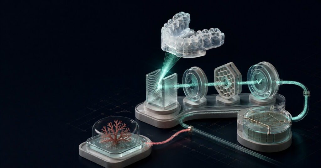 A transparent oral scan travels through capture, validation, interpretation, and receipt stations while a coral branch quarantines an unresolved finding.
